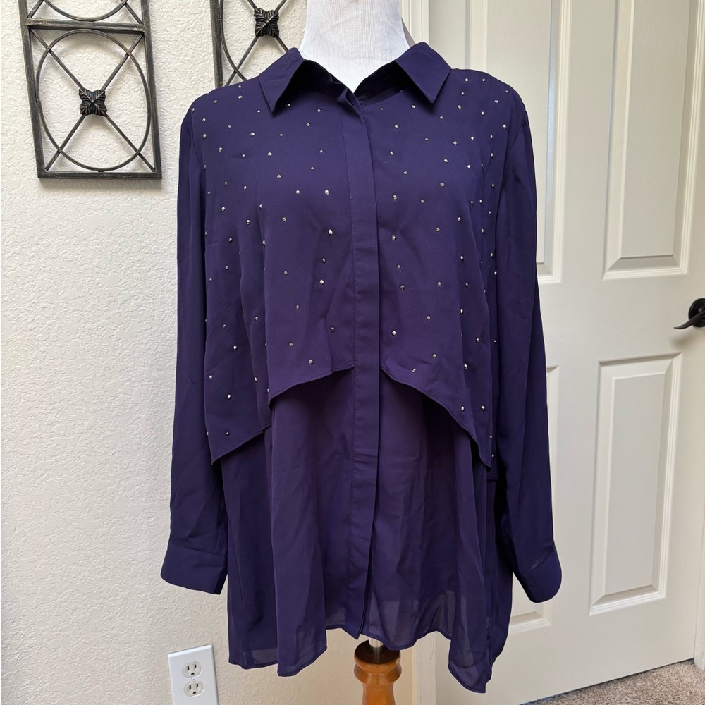 Joan Rivers Classic Navy Layered Blouse With Bling NEW